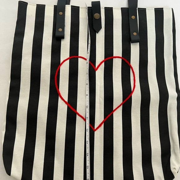 Hand Made Cotton & Leather Embroidered Heart Love Stripped Bag Tote New - Picture 5 of 8